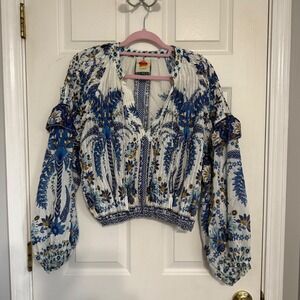 Farm Rio Ana Tapestry Blue White Botanical Print Blouse V-Neck Tassel Med NWOT